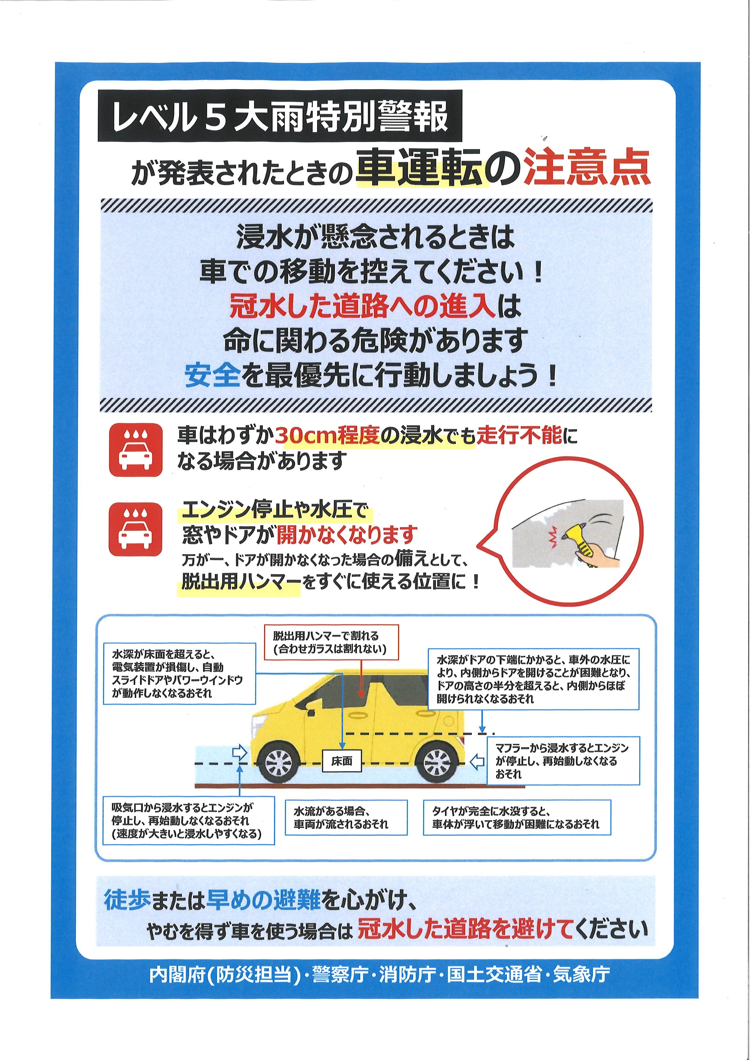 レベル5大雨特別警報が発表されたときの車運転の注意点